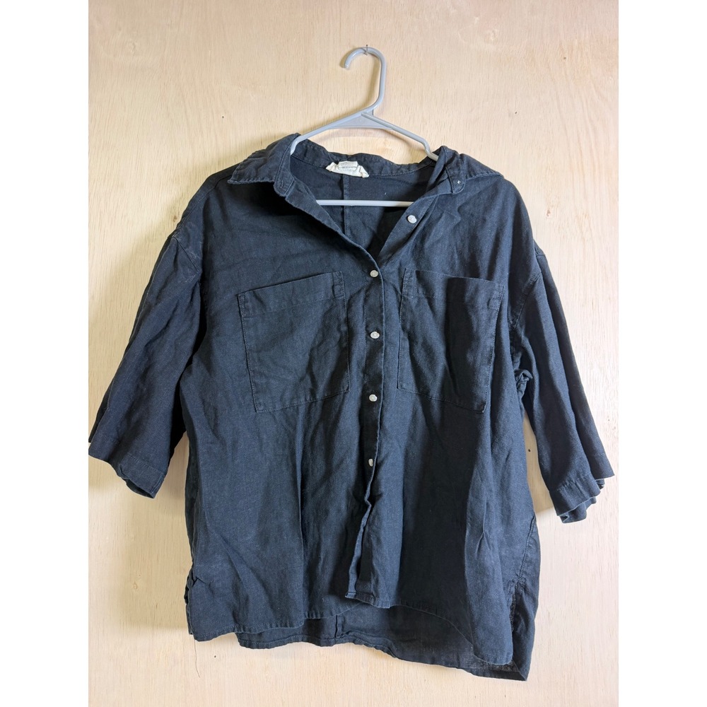 C&C California Button Down Shirt Womens Medium Black Excellent 100% Linen Pocket
